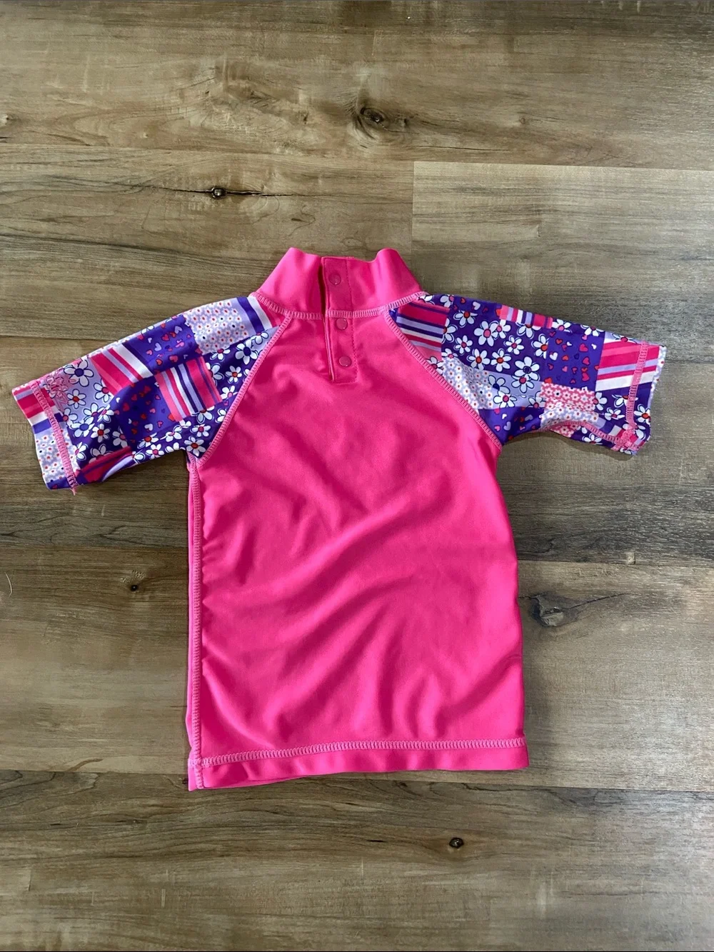 Kids Pink Short Sleeve Rash Guard Swim Top with Purple Patchwork Sleeves